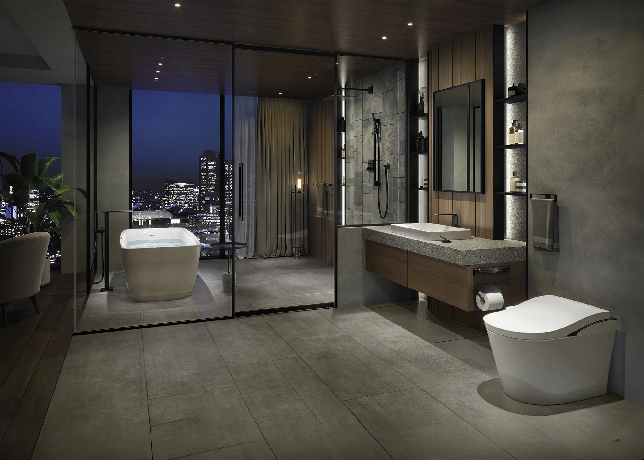 A luxurious modern bathroom features a sleek freestanding tub overlooking a city skyline at night, with a glass-enclosed shower, floating vanity, and a NEOREST toilet in a warm, minimalist design.