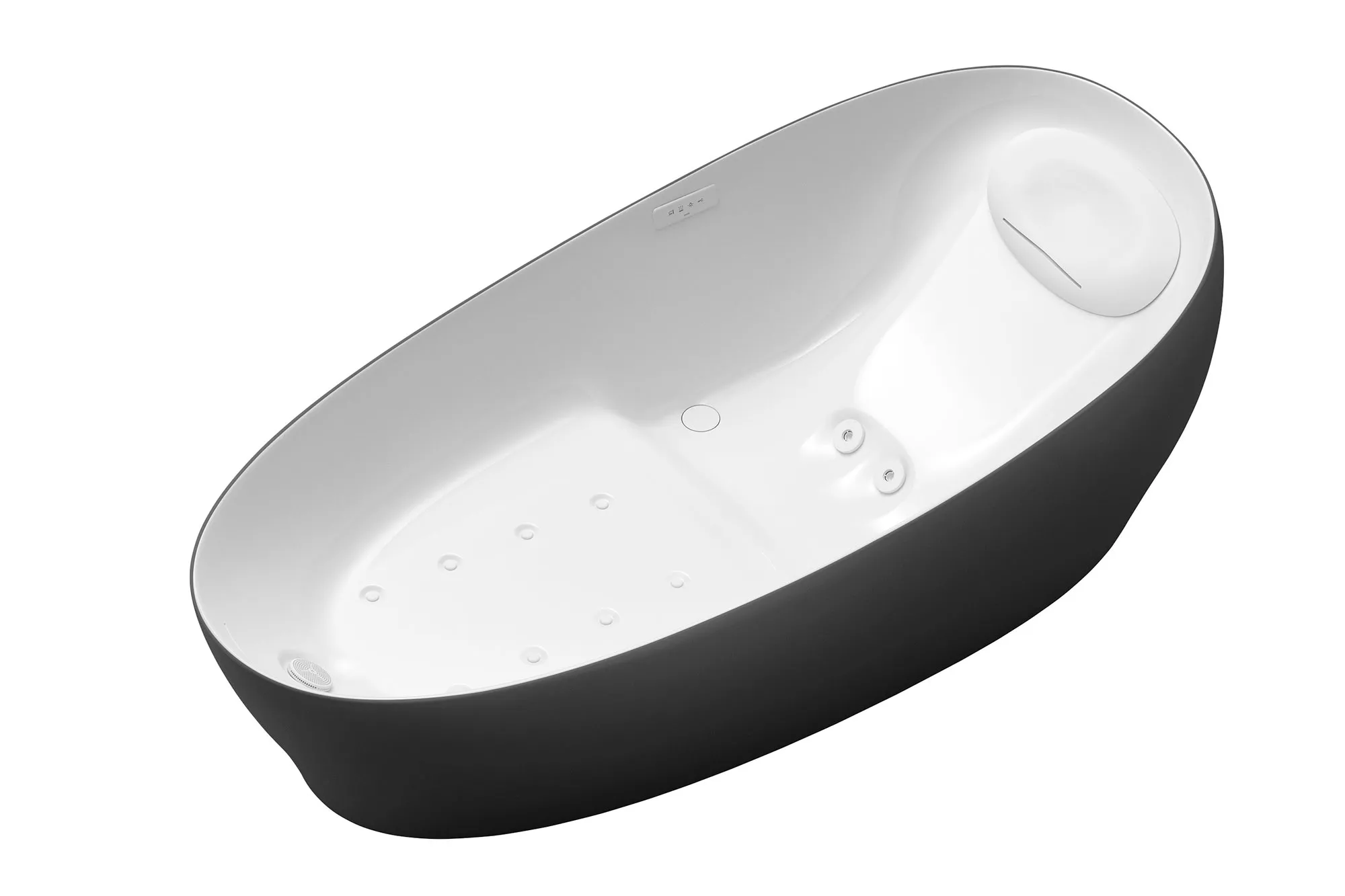 A Bi-color Flotation Tub is shown displaying the sharp contrast between its black exterior and white interior.