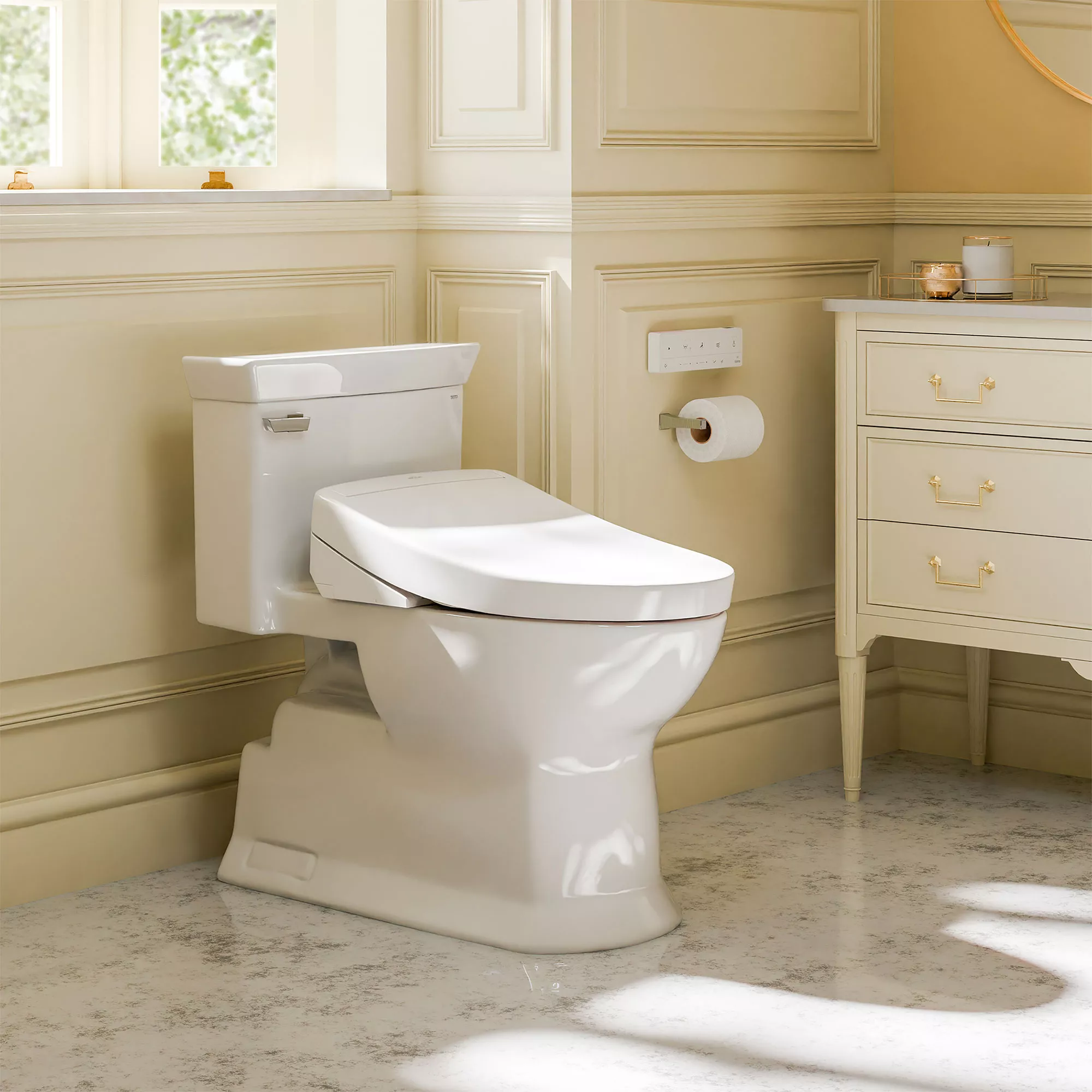 WASHLET S5 by TOTO: sleek bidet seat with remote, unlimited warm water, and 38% energy savings in a sleek, modern form.