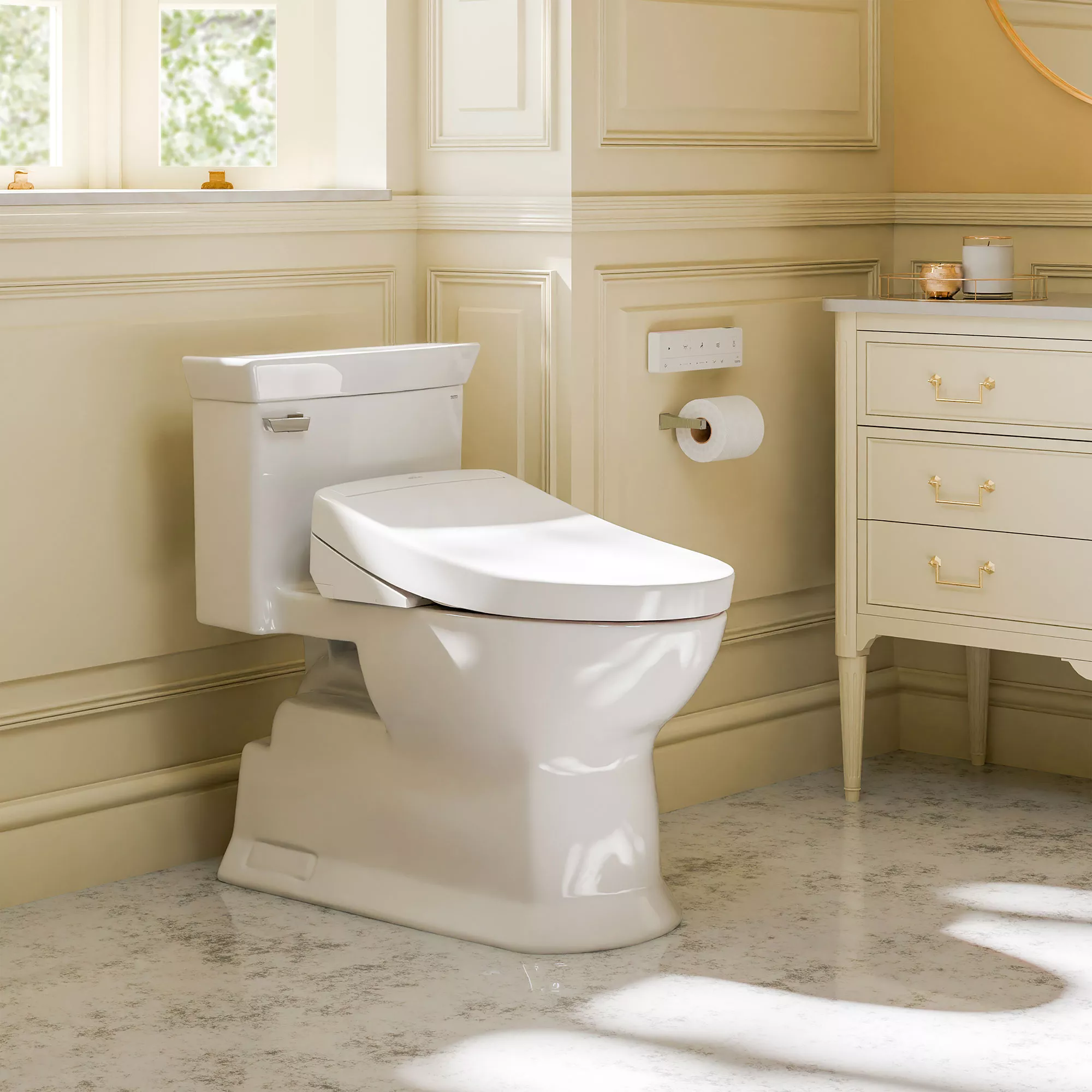 A traditional-style bathroom featuring a WASHLET S5 bidet seat surrounded by soft natural light and elegant cream decor.
