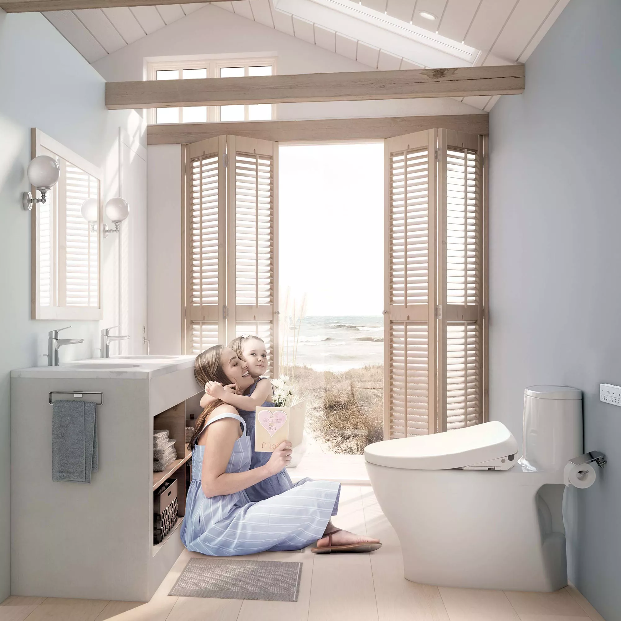 A coastal-style bathroom with a WASHLET S7 bidet seat, showing a mother and child sitting near a sunlit ocean-view window.