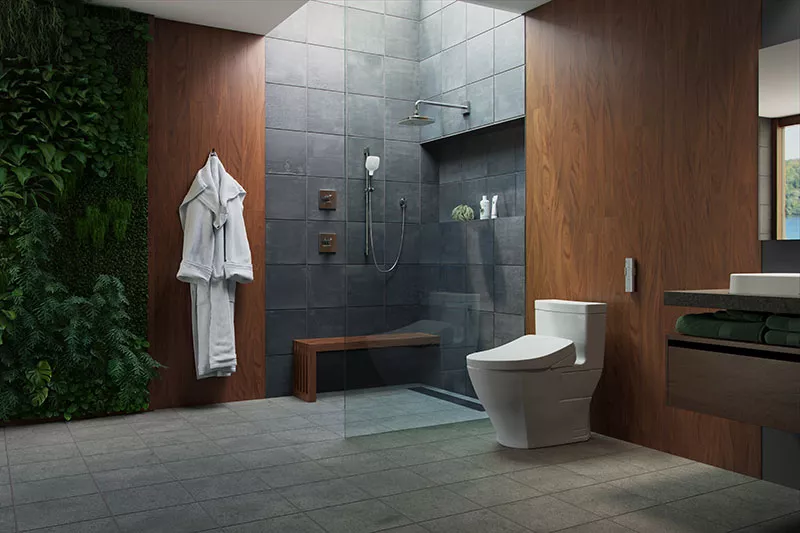 A TOTO WASHLET S550e bidet seat attached to a TOTO Legato Toilet and displayed in a modern bathroom.