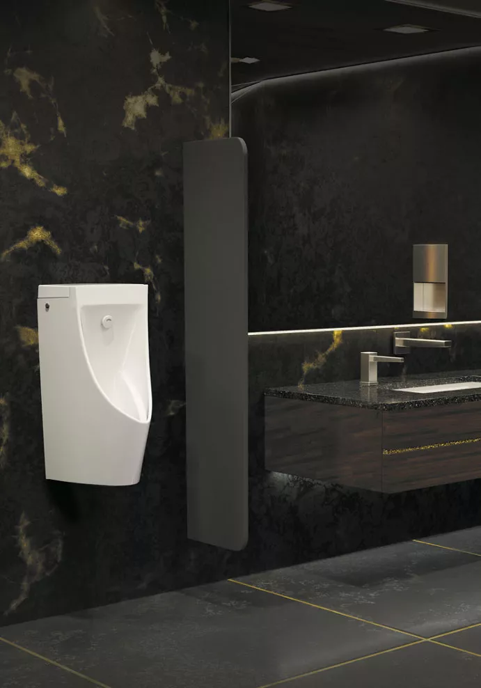 Modern restroom with black and gold marble walls featuring Wall-Hung Urinal with Integrated ECOPOWER Flush Valve by TOTO.