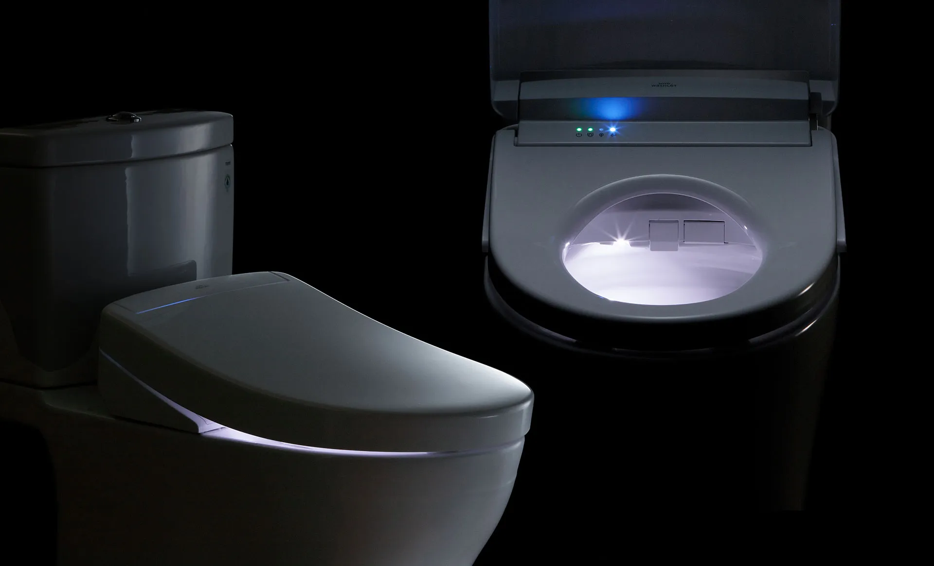 The WASHLET S5 is shown against a dark background, highlighting the built-in nightlight illuminating the seat and bowl.