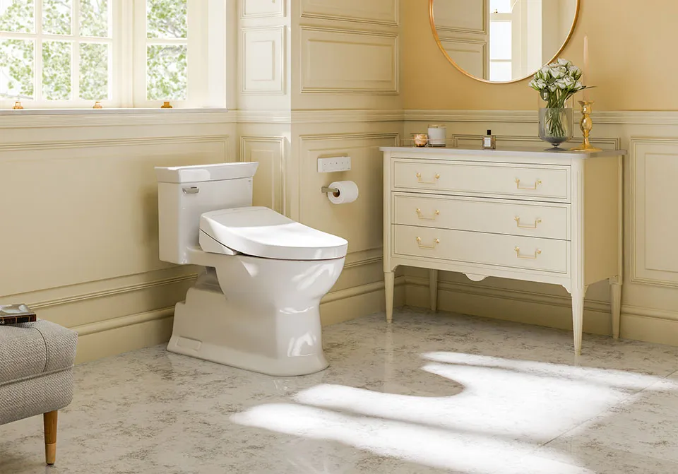 Bright bathroom with TOTO Soirée WASHLET+ S5 bidet toilet, delivering beautiful design and reliable performance