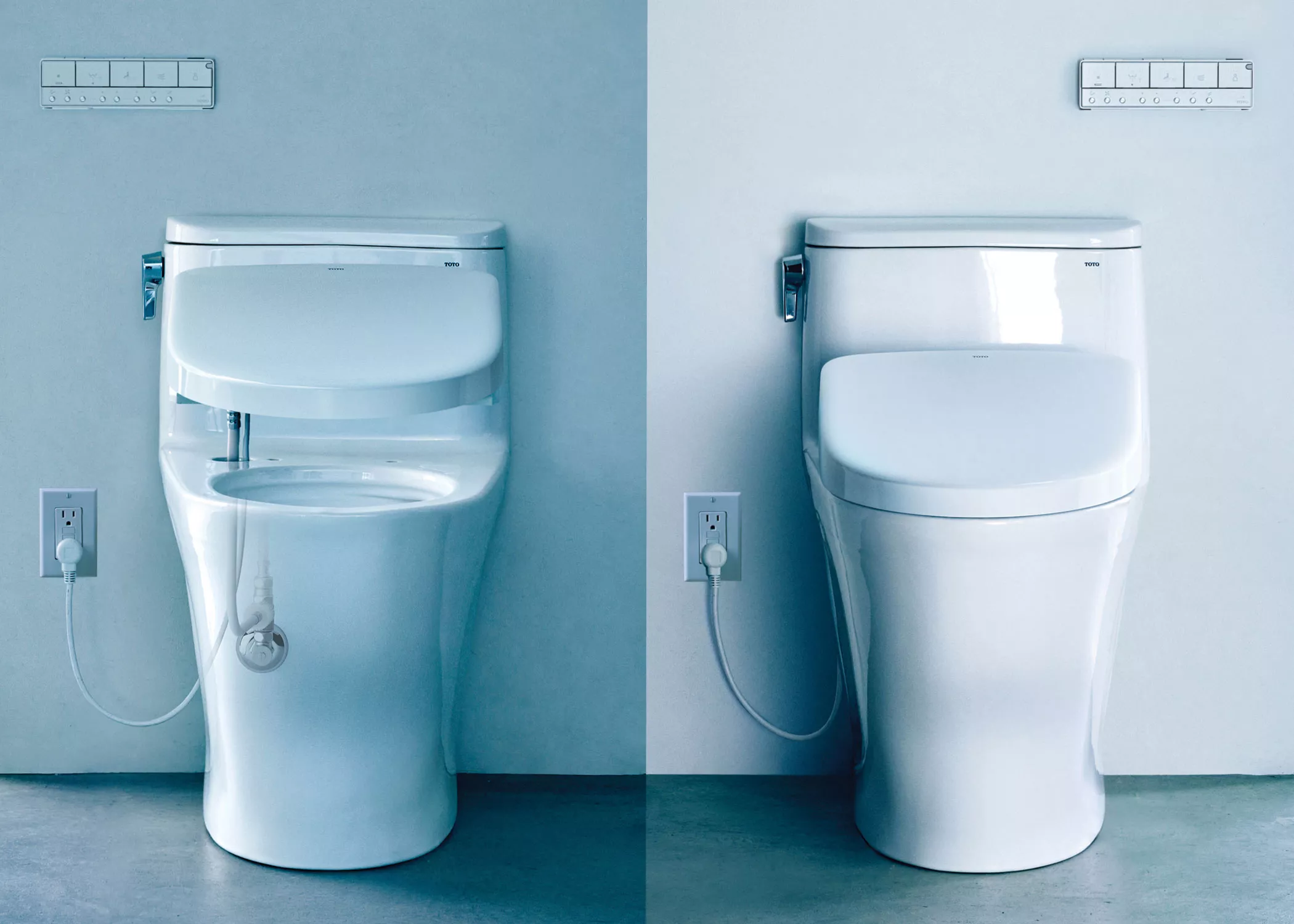 TOTO WASHLET+ toilet shown with hidden connections and bidet seat integration for a seamless, modern bathroom design.