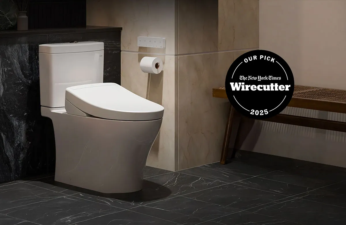 WASHLET S5 bidet seat by TOTO with New York Times Wirecutter’s Best Bidet of 2025 award, shown in a sleek modern bathroom.