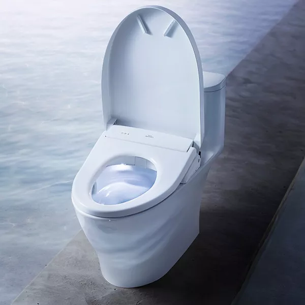 Artistic photo looking down on toilet with TOTO WASHLET S7 on platform in water.