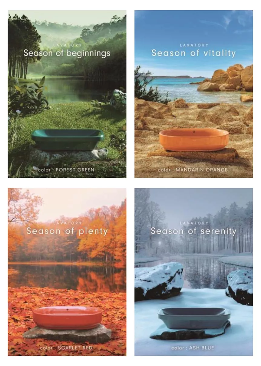 TOTO seasonal vessel lavatories in Forest Green, Mandarin Orange, Scarlet Red, and Ash Blue, inspired by nature’s beauty