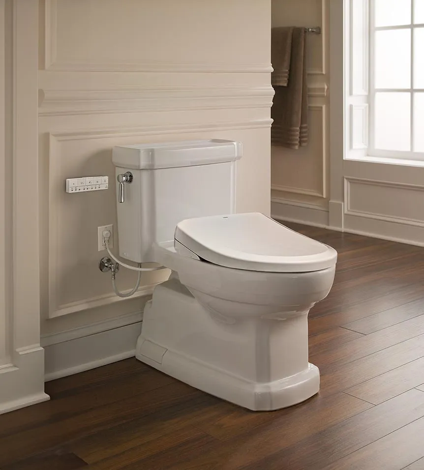 Guinevere one-piece WASHLET+ S7 bidet toilet with smart features and hidden connections in a classic, elegant bathroom setting