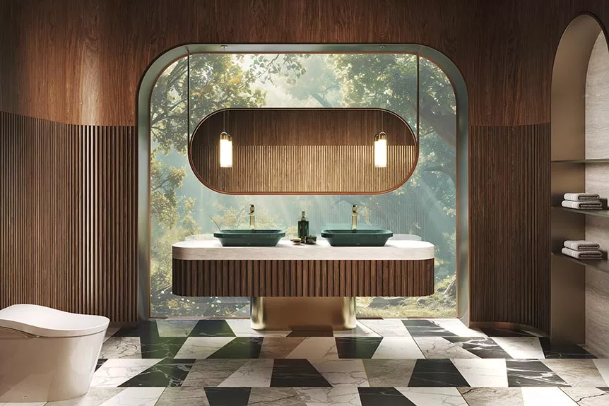 TOTO forest green vessel lavatories shown in a biophilic-inspired bathroom with wood accents and natural lighting