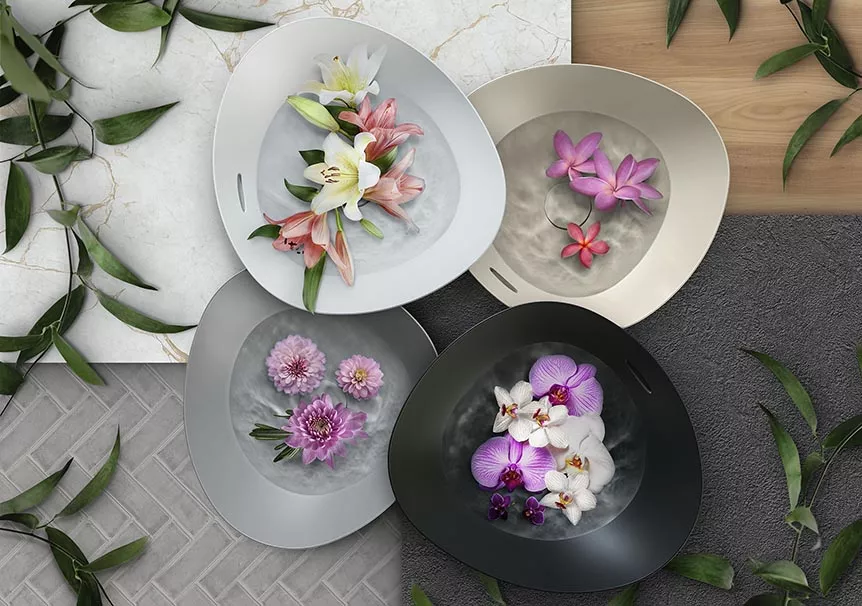 TOTO Kiwami® Matte Vessel Lavatories in White, Beige, Gray, and Black with flowers, inspired by nature’s seasonal beauty