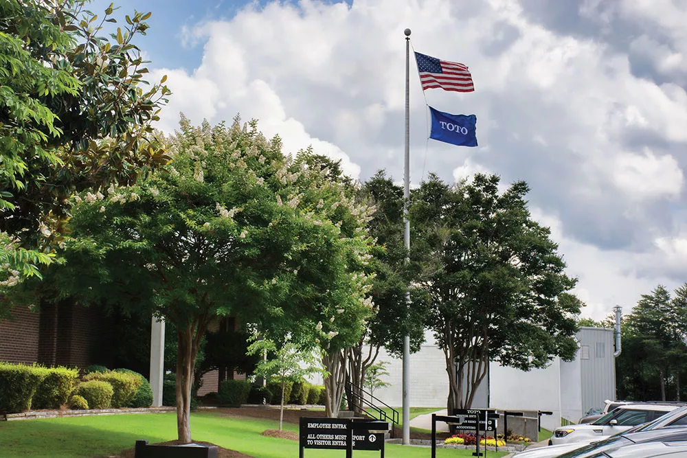 Exterior view of TOTO USA’s headquarters and manufacturing facility in Morrow, GA, showcasing TOTO’s American operations