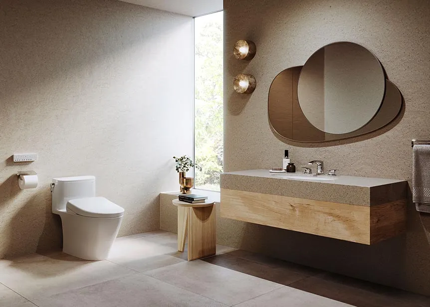 Nexus one-piece WASHLET+ S7A bidet toilet in a modern bathroom with smart features, sleek design, and concealed connections