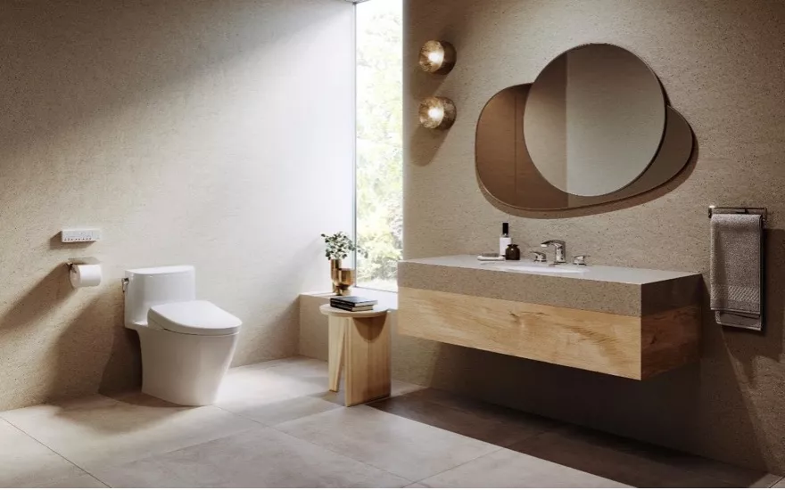Modern bathroom featuring the WASHLET S7 bidet seat by TOTO, wall-mounted vanity, and minimalist decor with natural light.