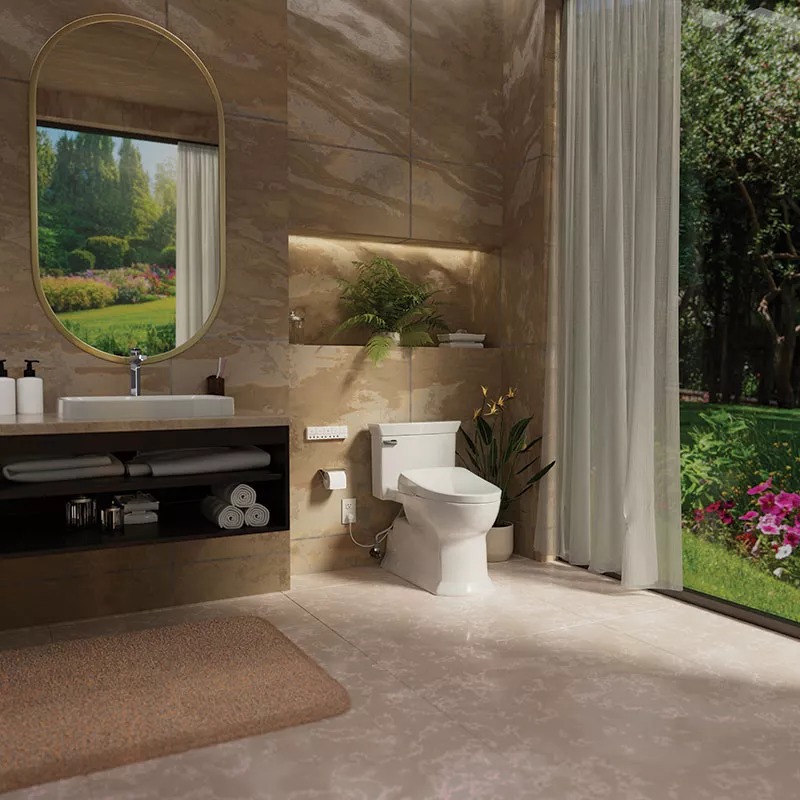 A TOTO WASHLET S7A bidet seat is attached to a TOTO Soirée® One-Piece Toilet and displayed in a luxury bathroom.