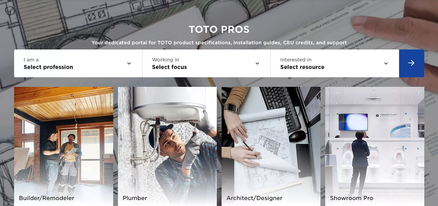 The TOTO Pros portal provides architects and designers with specifications, CEU credits, installation resources, and project support.