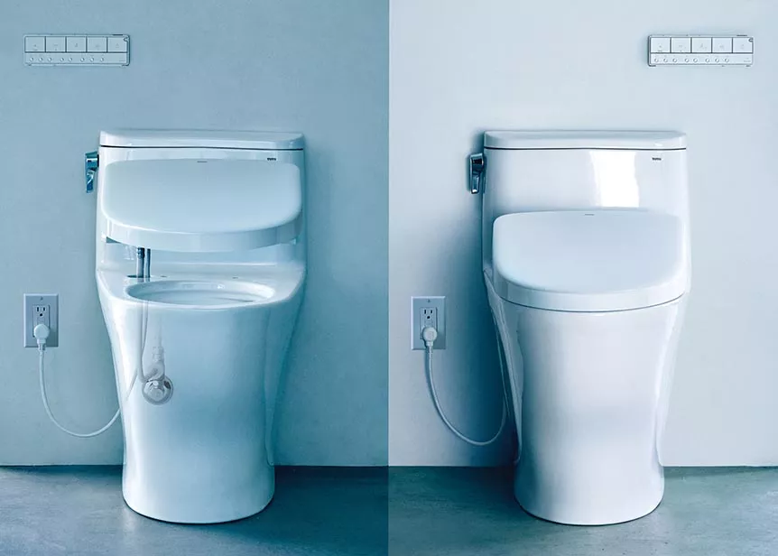 WASHLET+ bidet toilets shown side-by-side revealing the hidden connection system and sleek design for a modern bathroom