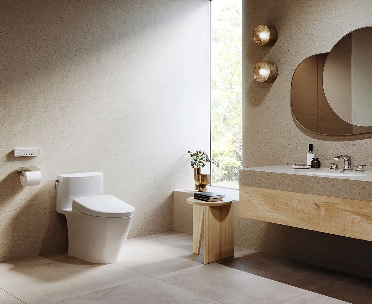 WASHLET S7A bidet seat from TOTO in a serene modern bathroom, the ultimate holiday gift of comfort and joy.