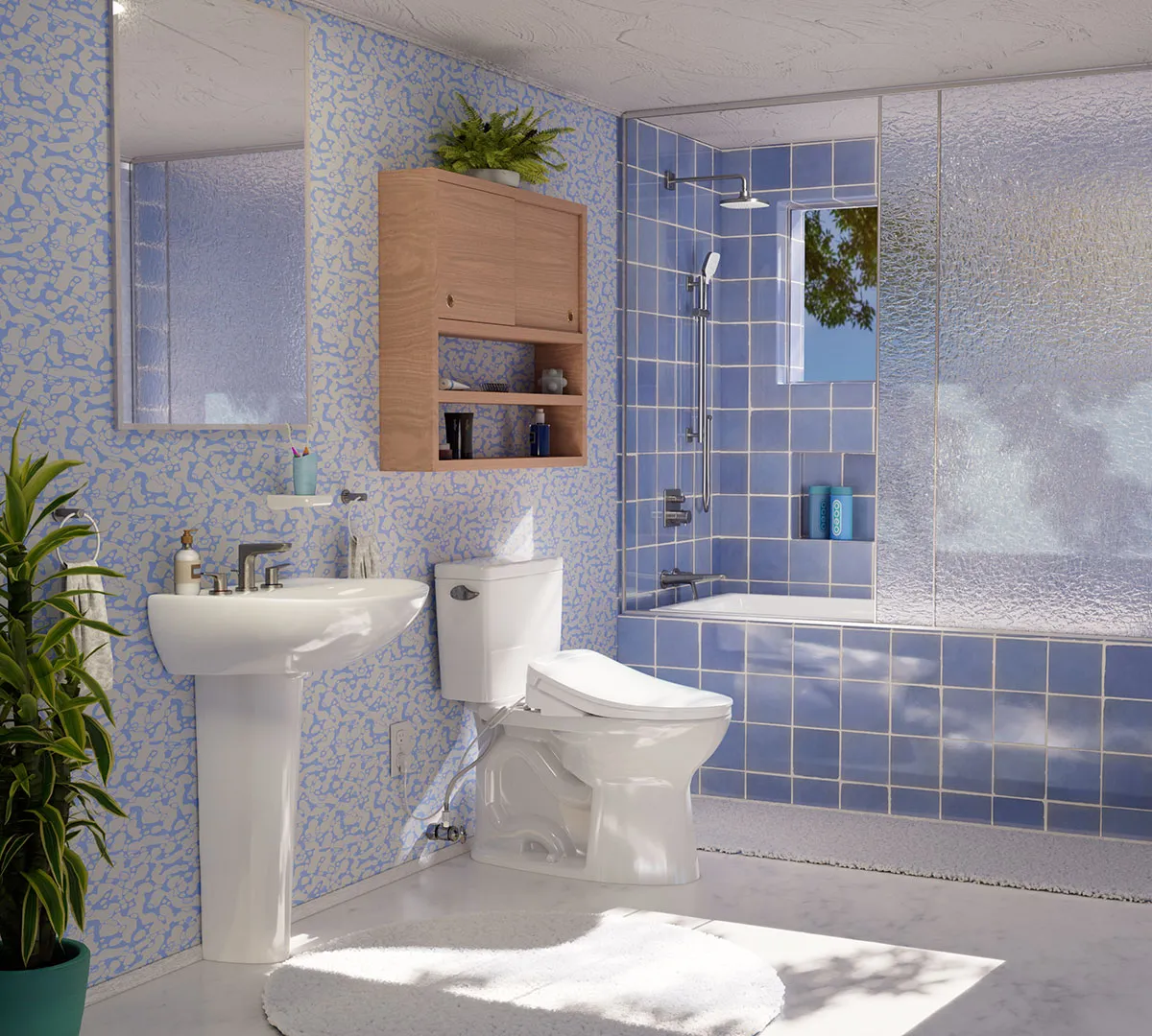 WASHLET KS6 in a bright blue bathroom, offering warm-water cleansing, heated comfort, and a modern upgrade for first-time homeowners.