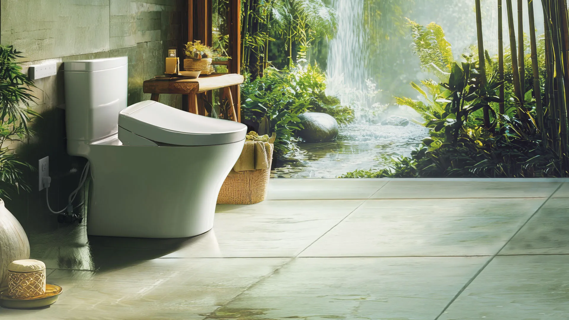 A WASHLET+ bidet seat toilet is displayed in a nature-inspired bathroom with large windows facing a lush, green landscape.